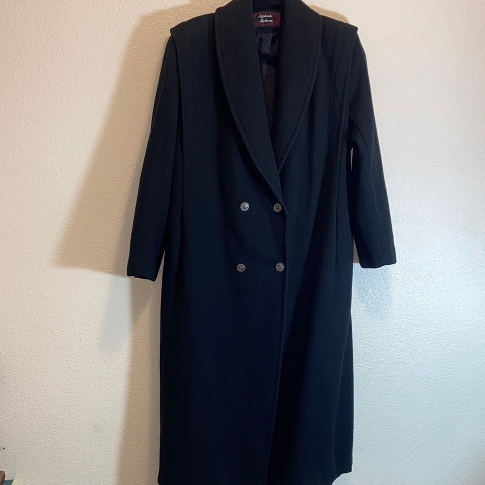 Stephanie Sophisticated Black Double-Breasted Trench Coat Size Approximately XL